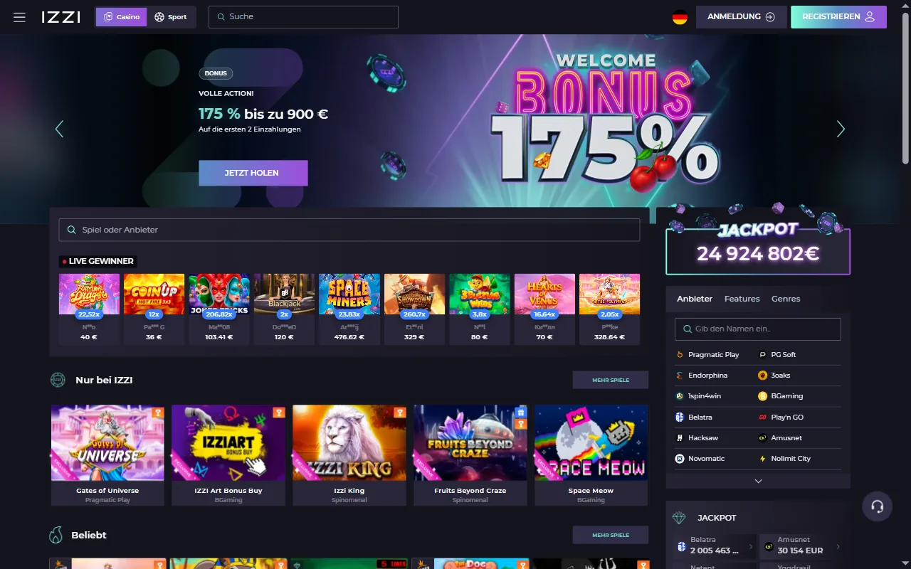 Startseite von izzi.casino (Screenshot)