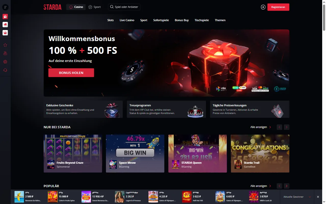 Startseite von starda.casino (Screenshot)